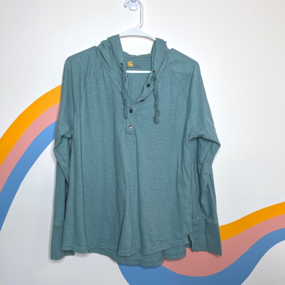 Carhartt Womens L 12/14 Seafoam Green Slub Cotton Hooded Henley Shirt 101539-454